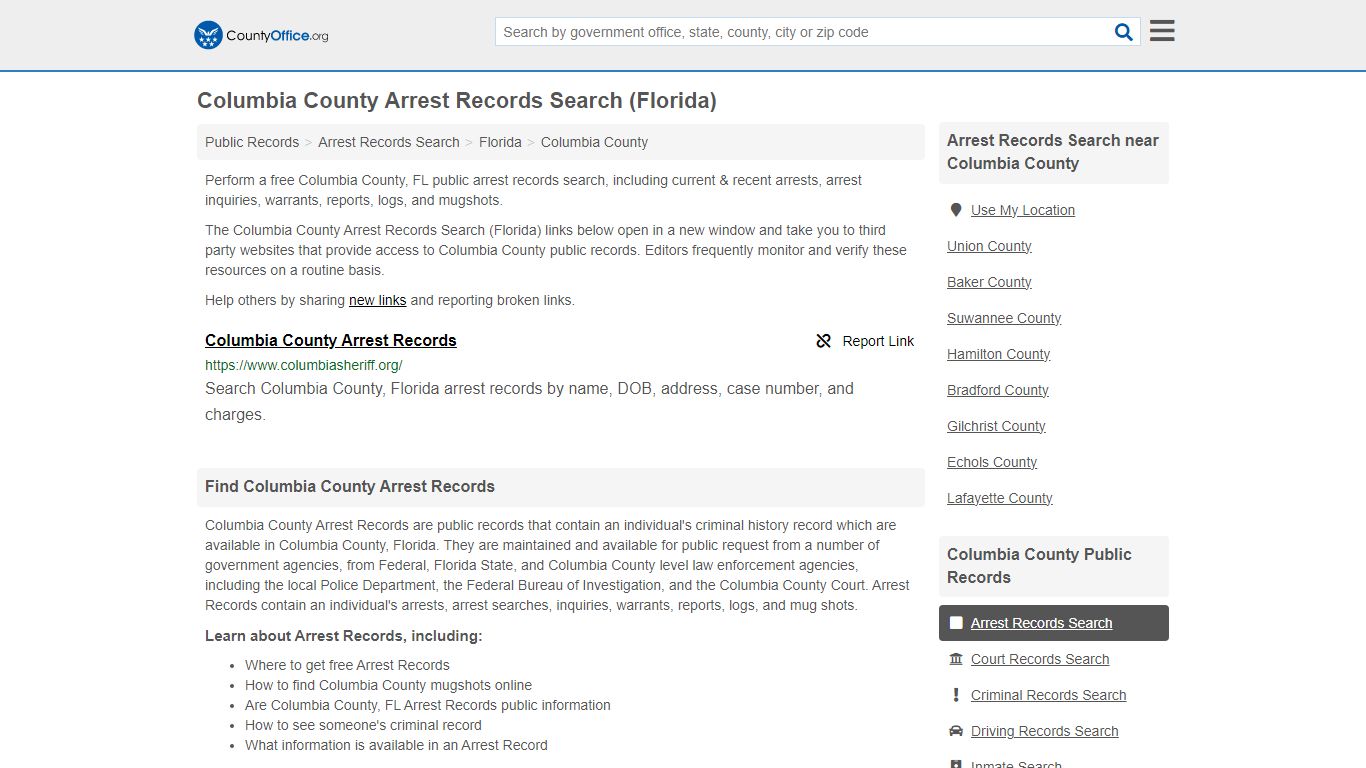 Columbia County Arrest Records Search (Florida) - County Office